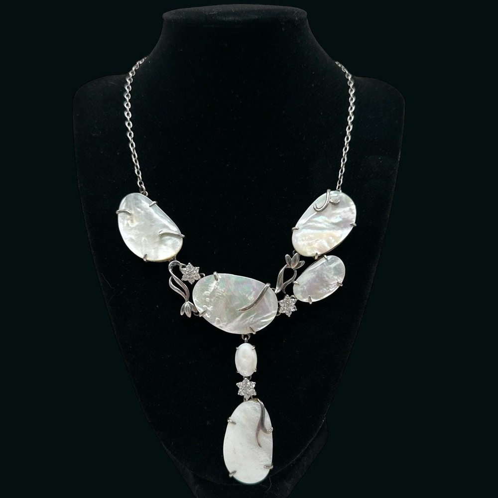 Mother of Pearl Modernist Necklace Sterling Y-Drop Mid Century Artisan 20-22"